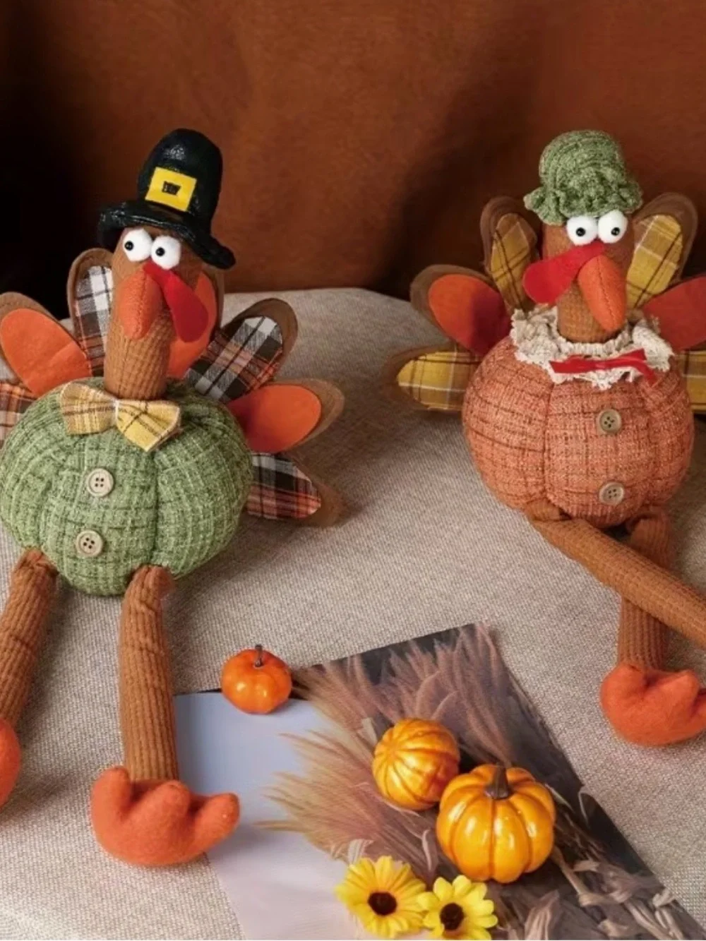 NWT Green and Orange Fall Plush Thanksgiving Turkey Pair